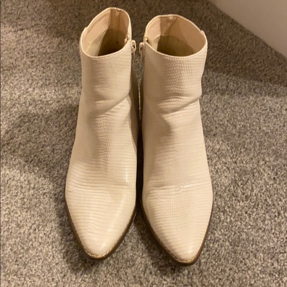 White faux snakeskin ankle booties